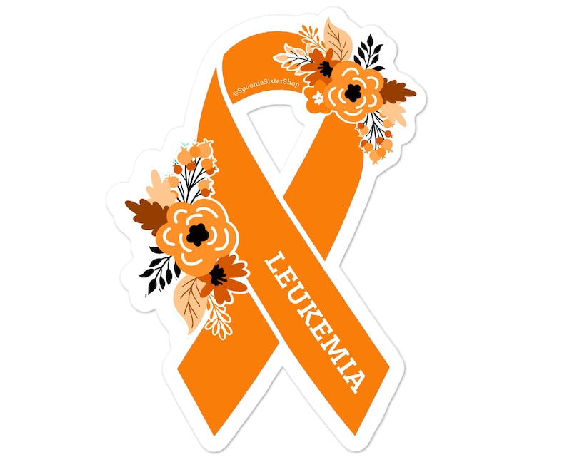 May include: Orange ribbon with a floral design and the word "LEUKEMIA" written on it.