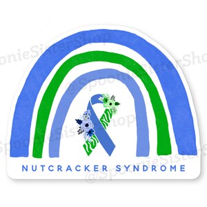 May include: A blue, green, and white rainbow with a blue ribbon with a floral design in the center. The text "NUTCRACKER SYNDROME" is written below the rainbow.