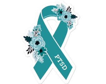 PTSD Awareness Sticker, PTSD Stickers, Post-Traumatic Stress Disorder, Mental Health Awareness, Floral Teal Ribbon Sticker