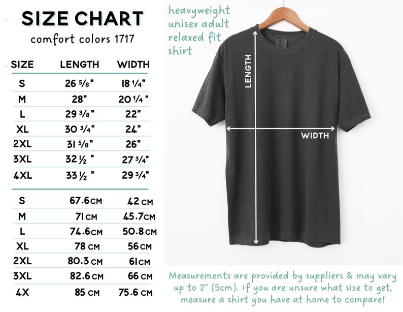 May include: Size chart for a heavyweight unisex t-shirt with relaxed fit. The chart shows measurements in inches and centimeters for sizes S through 4XL.