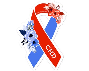Congenital Heart Disease Sticker, CHD Awareness Stickers, Congenital Heart Defect, Floral Red and Blue Awareness Ribbon, CHD Sticker