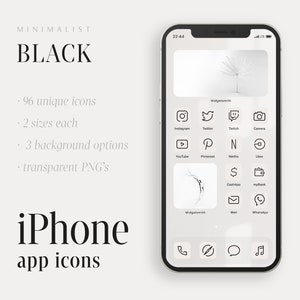 Iconos de aplicaciones de iPhone negros, megapaquete de iconos únicos de 96, logotipos minimalistas de redes sociales, iconos de línea premium de iOS, pantalla de inicio estética de iOS de Senti