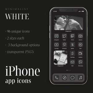 Iconos de aplicaciones de iPhone blancos, megapaquete de iconos únicos de 96, logotipos minimalistas de redes sociales, iconos de línea premium de iOS, pantalla de inicio estética de iOS de Senti