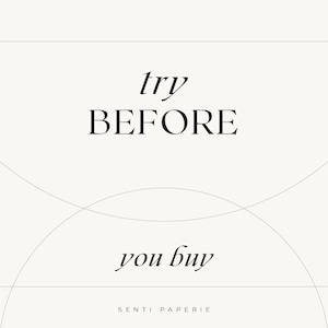 Könnte beinhalten: Ein minimalistisches Grafikdesign mit dem Text "try BEFORE you buy" und den Worten "SENTI PAPERIE" unten.
