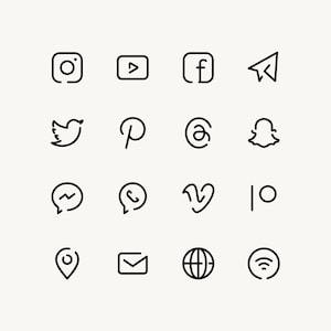 Iconos de redes sociales en negro. Iconos de líneas simples. Logotipos minimalistas de redes sociales: Instagram, YouTube, Facebook, Pintrest, Patreon, etc. de Senti