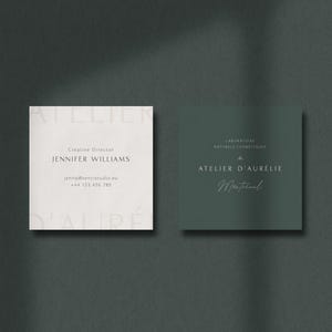 Minimalistische branding, stijlvol logo, vierkante sjabloon voor visitekaartjes, groene esthetiek, logo en visitekaartje voor premiummerk, Senti: Aurelie.