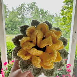 May include: A crocheted flower with yellow petals and green leaves. The flower is held in a hand against a blurry background of green trees and a house.