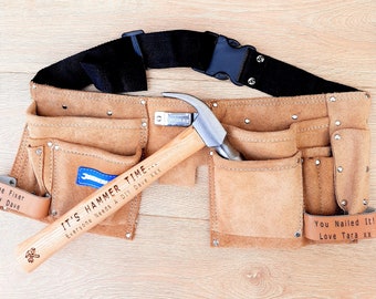 Personalised 11 Pocket Leather Tool Belt and Hammer set - Perfect Father's Day Gift, DIY Gift, Christmas Gift for Him or Her