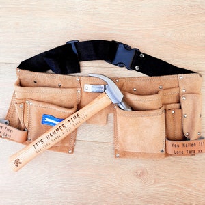 Personalised 11 Pocket Leather Tool Belt and Hammer set - Perfect Father's Day Gift, DIY Gift, Christmas Gift for Him or Her