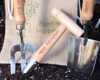 Personalised Garden Tools Engraved Gardening Gifts Trowel Fork Dibber Gift Bag, Mother's Day Allotment Retirement Present