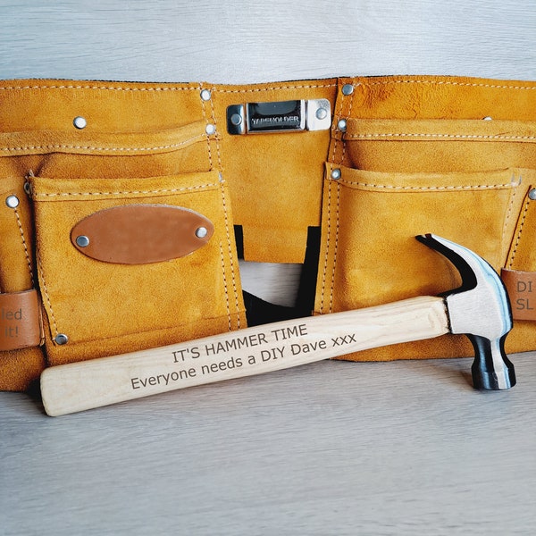 Personalised 11 Pocket Leather Tool Belt and Hammer set - Perfect Father's Day Gift, DIY Gift, Christmas Gift for Him or Her