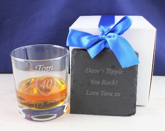 Personalised Whiskey Tumbler & Slate Coaster| Engraved Whisky Glass 11.5oz, Father's Day, Christmas, Retirement or Anniversary Gifts