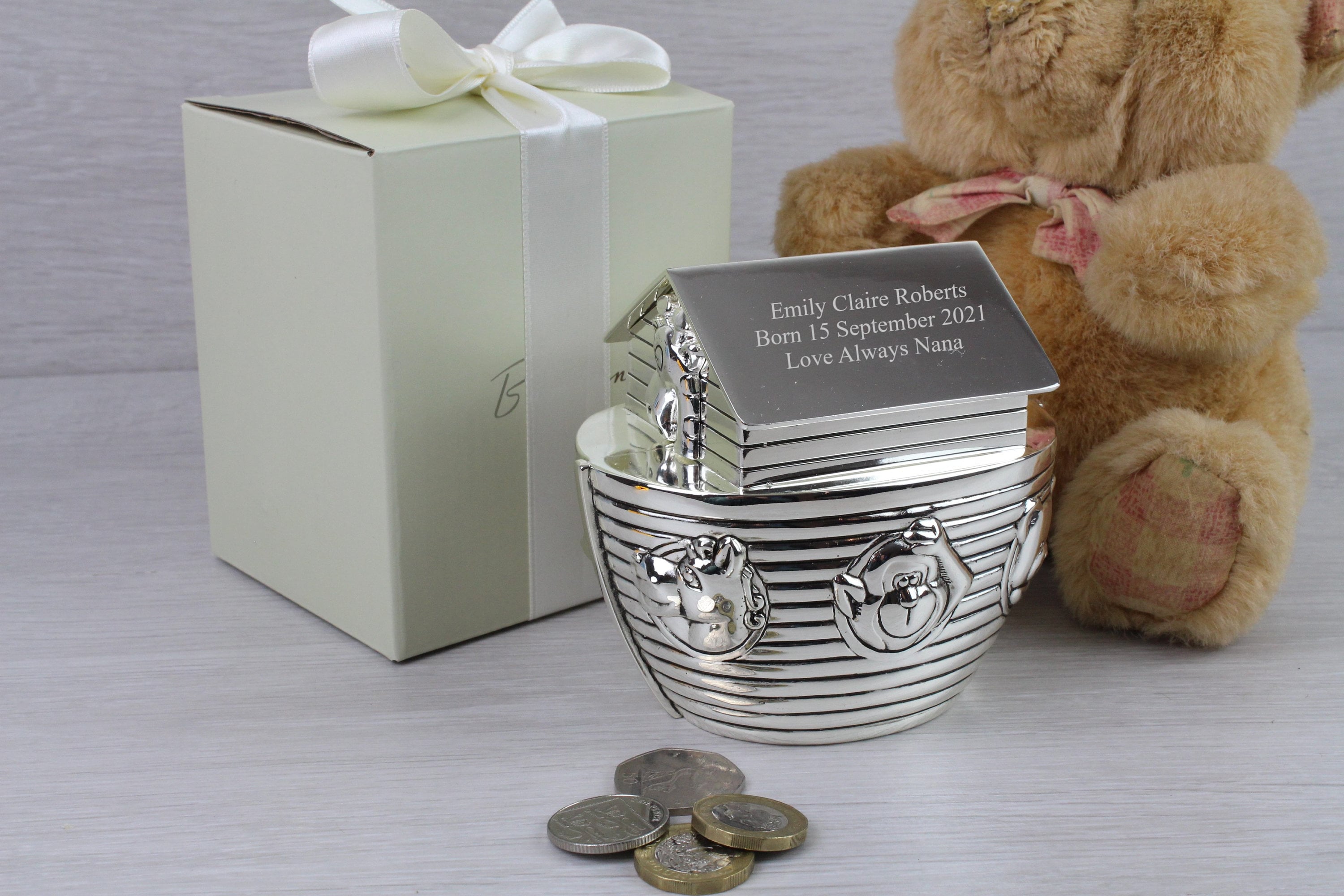 Noah&#39;s Ark Money Box Christening Baptism Gift Ideas New Born Baby 1st Birthday Personalised Engraved Gifts