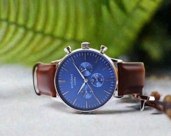 Personalised Engraved Chronograph Men's Watch With Walnut Strap, Christmas, Anniversary, Birthday Gifts for Him