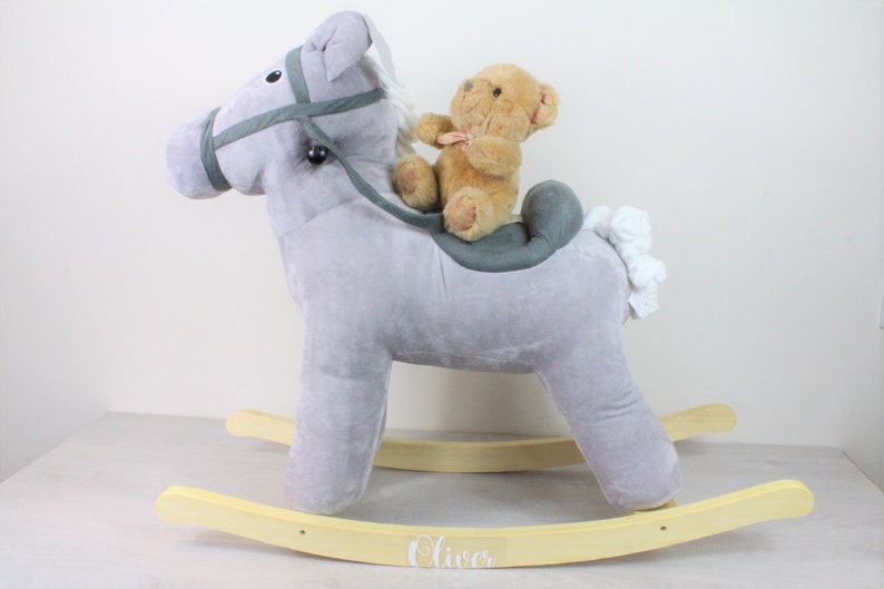 Rocking Horse in Grey Velvet Plush, Suitable For 0-3 Years, Nursery Gifts, New Born Baby, Christmas Gift Ideas image 1