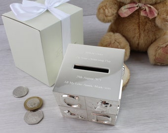 Personalised Engraved ABC Money Box, New-born Baby, Christening Baby Shower or Baptism Gift