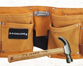 Personalised 11 Pocket Leather Tool Belt and Hammer set - Perfect Father's Day Gift, DIY Gift, Christmas Gift for Him or Her