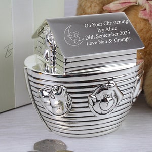 Noah's Ark Money Box Christening Baptism Gift Ideas New Born Baby 1st Birthday Personalised Engraved Gifts Elephant & Moon