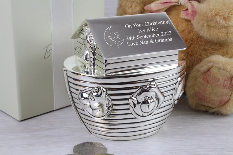 Noah's Ark Money Box Christening Baptism Gift Ideas New Born Baby 1st Birthday Personalised Engraved Gifts Elephant & Moon