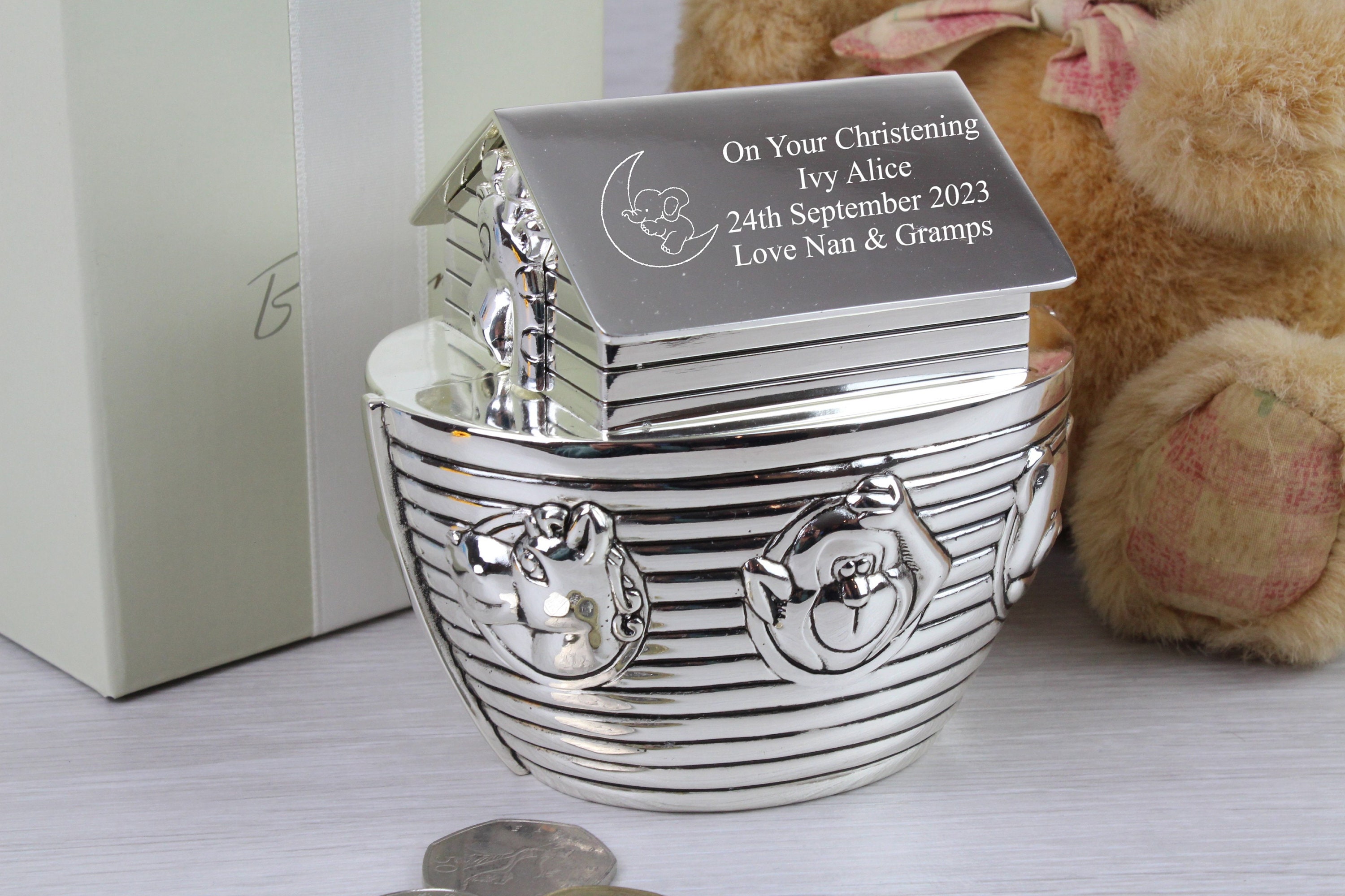 Noah&#39;s Ark Money Box Christening Baptism Gift Ideas New Born Baby 1st Birthday Personalised Engraved Gifts