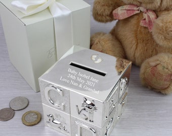 Personalised Engraved ABC Money Box, New-born Baby, Christening Baby Shower or Baptism Gift