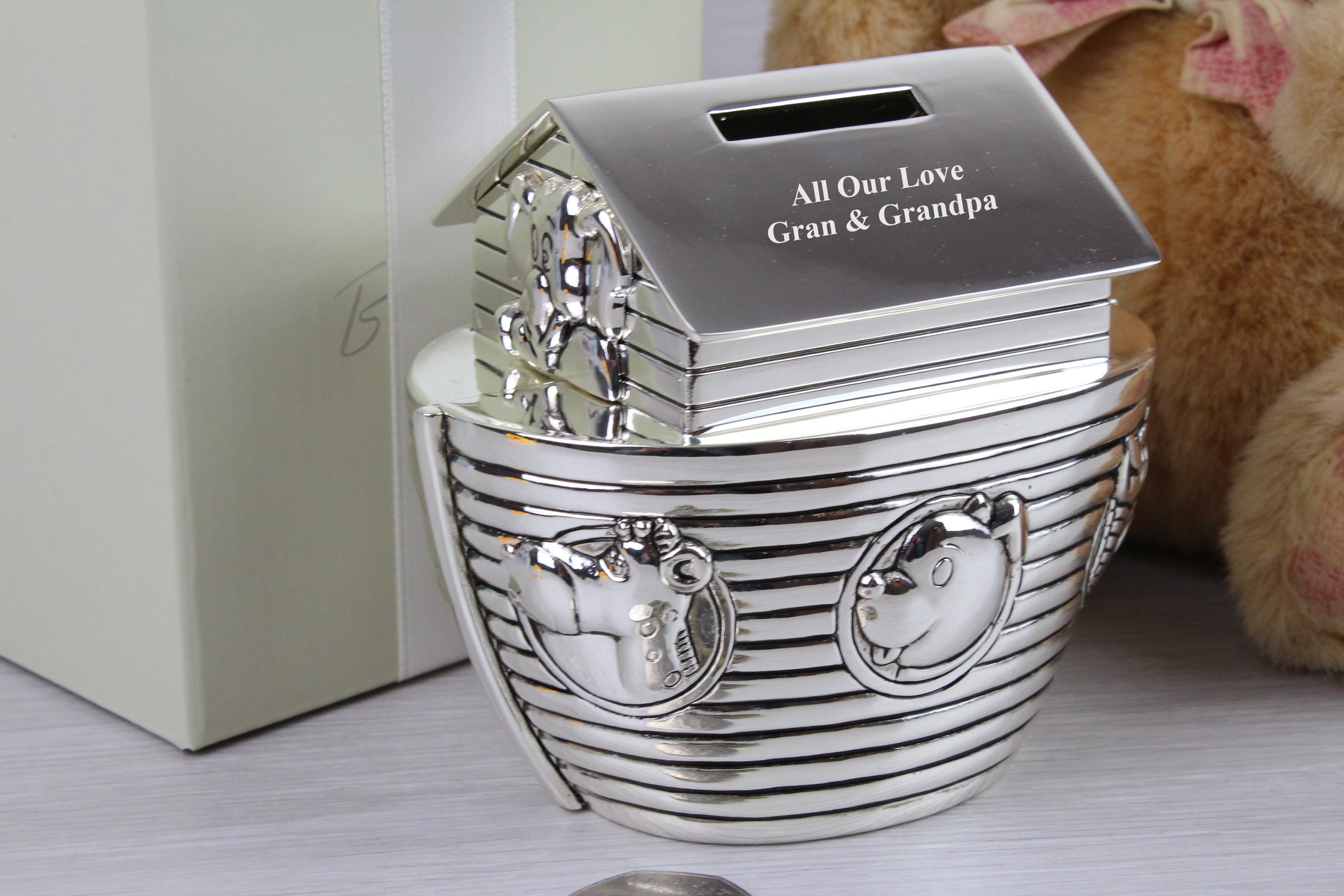 Noah&#39;s Ark Money Box Christening Baptism Gift Ideas New Born Baby 1st Birthday Personalised Engraved Gifts
