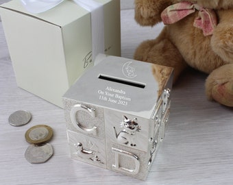 Personalised Engraved ABC Money Box, New-born Baby, Christening Baby Shower or Baptism Gift