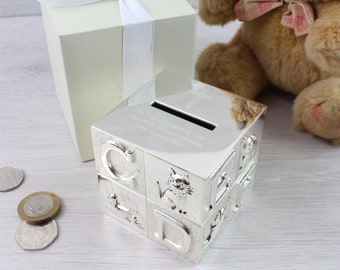 Personalised Engraved ABC Cross Money Box, New-born Baby, Christening Baby Shower or Baptism Gift