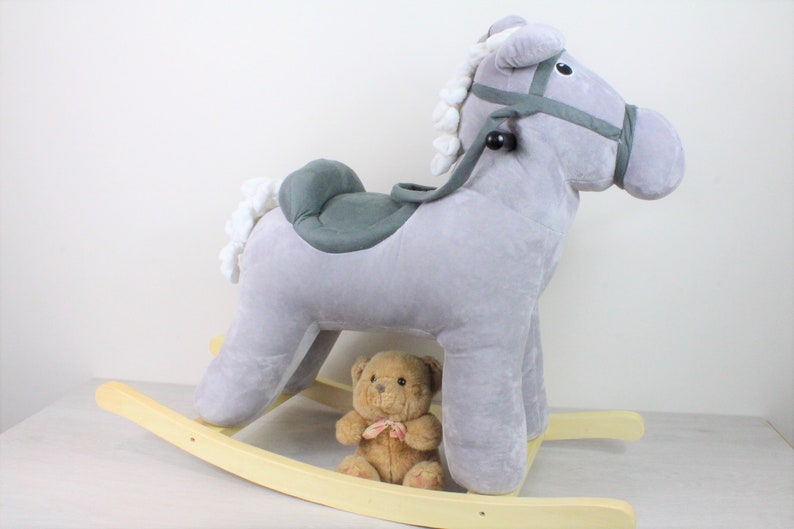 Rocking Horse in Grey Velvet Plush, Suitable For 0-3 Years, Nursery Gifts, New Born Baby, Christmas Gift Ideas image 3