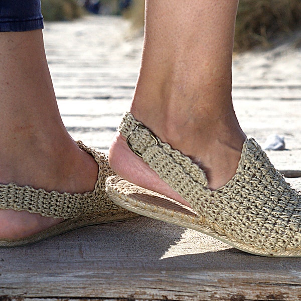 TEBAS® Espadrilles / Damenschuhe für Frühling-Sommer / Handgefertigte Hanf-Häkel-Espadrilles / Rückenfrei, mit Schnalle.