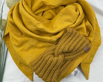 Women's set headband hairband knitted wool scarf triangular scarf muslin cloth set 2 pieces. Mustard glitter