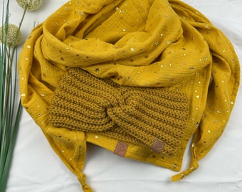 Women's set, girls' set, headband, hairband, thick knitted wool, single-layer triangular scarf, muslin cloth set, 2 pieces. Mustard glitter