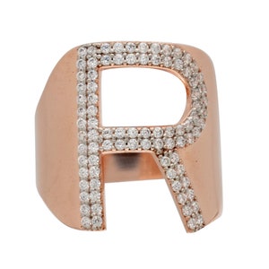 Initial Letter R Ring, 925 Sterling Silver with Zirconia Stones, Alphabet Ring, Rose Gold Ring, Black Stone Ring, Gift For Her, Letter Ring