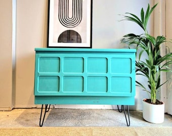 Nathan Drinks Cabinet / sideboard in Mermaid Teal with Black hairpin legs.