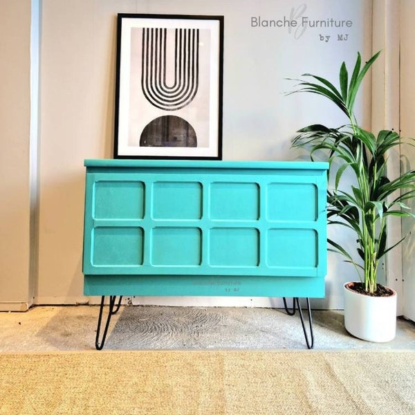 Nathan Drinks Cabinet / sideboard in Mermaid Teal with Black hairpin legs.