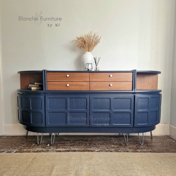 Stunning Large Curved Natahn Sideboard and Side tables on hairpin legs in Midnight Blue and Walnut.