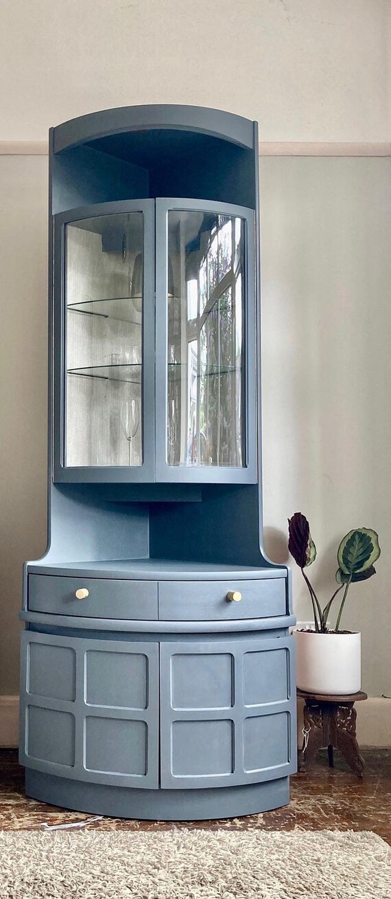 Tall Curved Nathan Corner Drinks Cabinet With Light and Lining