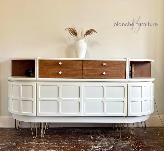 Stunning very large Curved Sideboard by Nathan in White with Walnut Drawers Steel Legs Handles Etsy