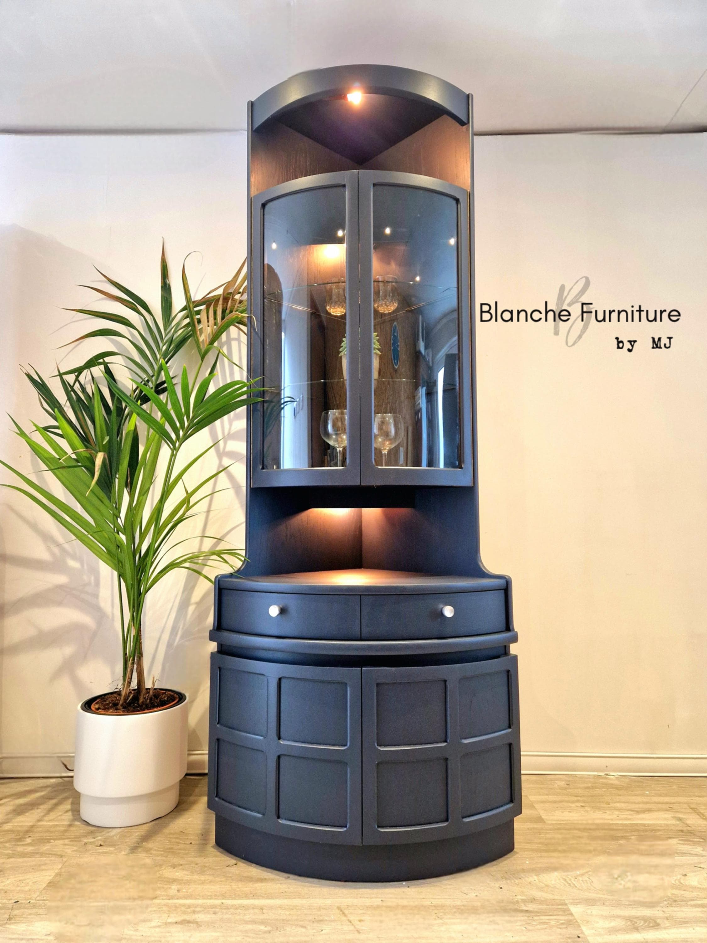 Tall Mid Century Curved Corner Drinks Cabinet in Midnight Blue With Lights by Nathan Etsy