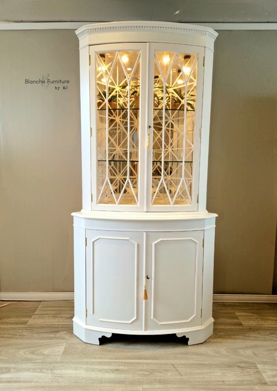 Double Corner Vintage Drinks Cabinet in White With Light and Geometric Mirror Lining. Etsy