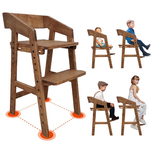 Hochstuhl aus Holz zum Füttern, Naturstuhl für Kinder, Stuhl zum Füttern, verstellbarer Stuhl, Hochstuhl mit Standhöhe aus naturbelassener Eiche