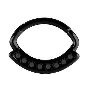 Magnifique bijoux Daith, bague articulée Septum sertie de Swarovski noir Cz..PVD noir sur acier chirurgical 316L 16g - 7mm de diamètre intérieur