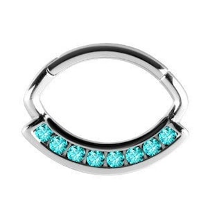Beau bijoux piercing Daith, anneau de septum serti de turquoise Swarovski Cz..Acier chirurgical 316L 16g - 7mm de diamètre intérieur