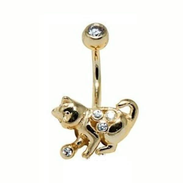 14k/10k Solid Gold Beatiful Cat Belly Button Ring Set with White Swarovski Cz (Nickel Free)  14g - 10mm