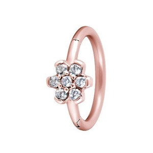 Anneau créole Clicker Helix/Cartilage/Tragus en or rose avec Swarovski blanc Cz..PVD or rose sur acier chirurgical 16g - 8mm