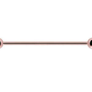 14g ローズゴールド インダストリアル ヘリックス 軟骨バーベル。サージカル スチールにゴールド PVD 加工、3 mm、4 mm、5 mm のボール付き、22 mm から 40 mm
