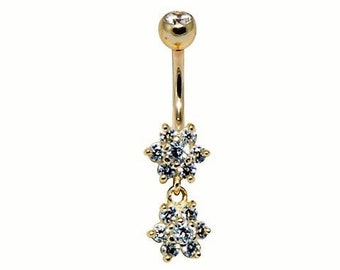 14k/10k Solid Gold Double Flower Set with 5A Grade Swarovski Cz Belly Button Ring (Nickel Free)  14g - 10mm
