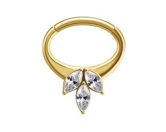 Beautiful Gold Daith Piercing Jewelry, Helix/Septum Hinged Ring Set with White Swarovski Cz..Gold PVD Over Surgical Steel  16g - 7mm