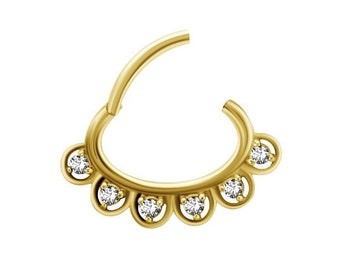 Beautiful Gold Daith Piercing Jewelry, Helix/Septum Hinged Ring Set with White Swarovski Cz..Gold PVD Over Surgical Steel  16g - 7mm