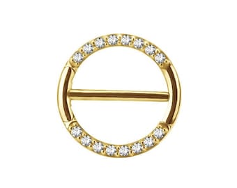 Gorgeous Gold Nipple Clicker Ring, Pave Set with 5A Grade Swarovski Cz..18k Gold PVD Over 316L Surgical Steel,  14g - 12,13,14,15 or 16mm